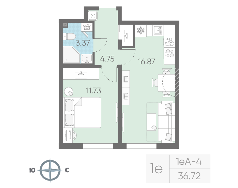 1-комнатная 36 м2 в ЖК Морская миля корпус null этаж 14