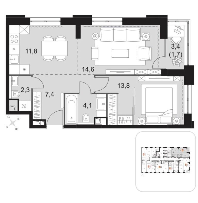 2-комнатная 54 м2 в ЖК undefined корпус null этаж 6