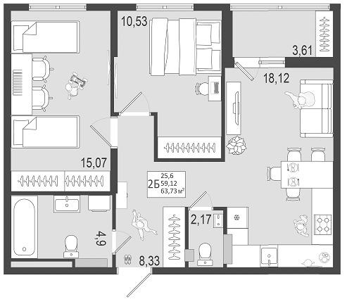 2-комнатная 60 м2 в ЖК Юго-Западный корпус null этаж 11