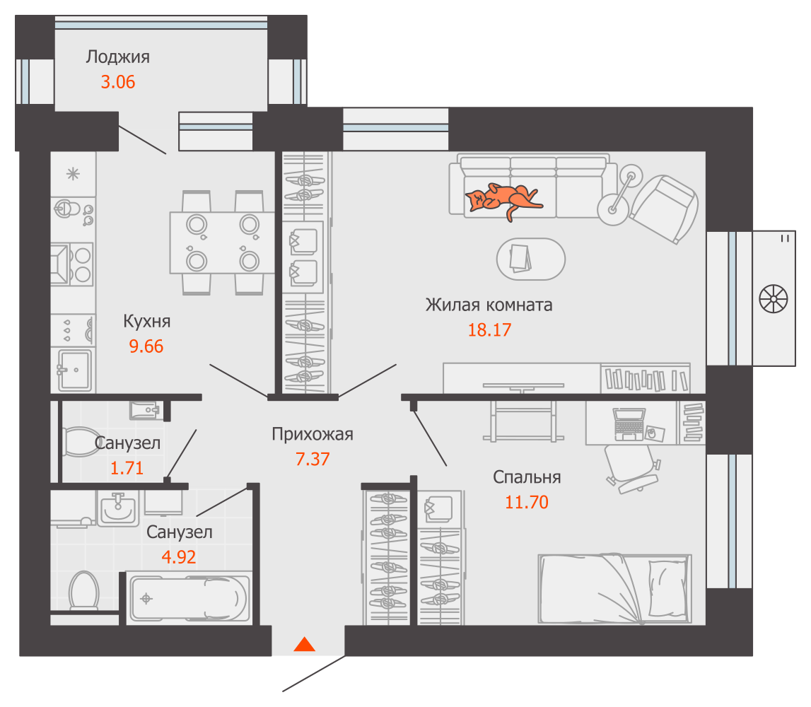 2-комнатная 55 м2 в ЖК Зарядное корпус null этаж 4