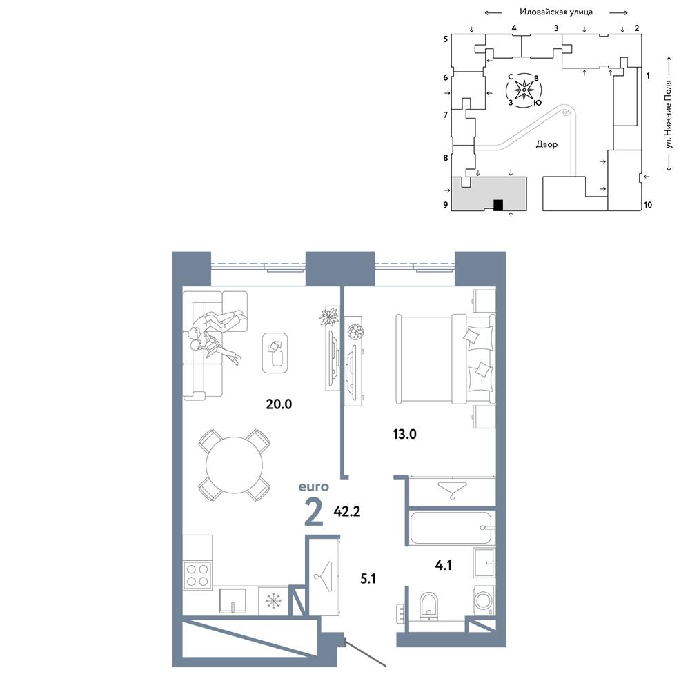 2-комнатная 42 м2 в ЖК Страна.Заречная корпус null этаж 13