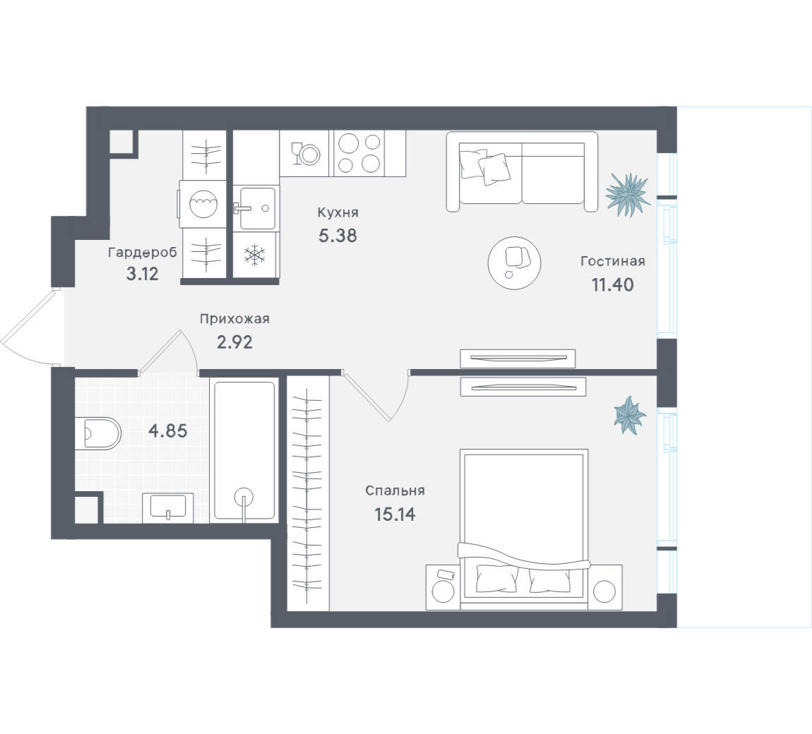 1-комнатная 42 м2 в ЖК Solos корпус null этаж 15