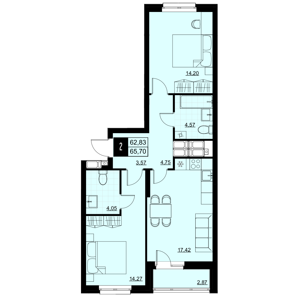 2-комнатная 64 м2 в ЖК Макрорайон Амград корпус null этаж 17