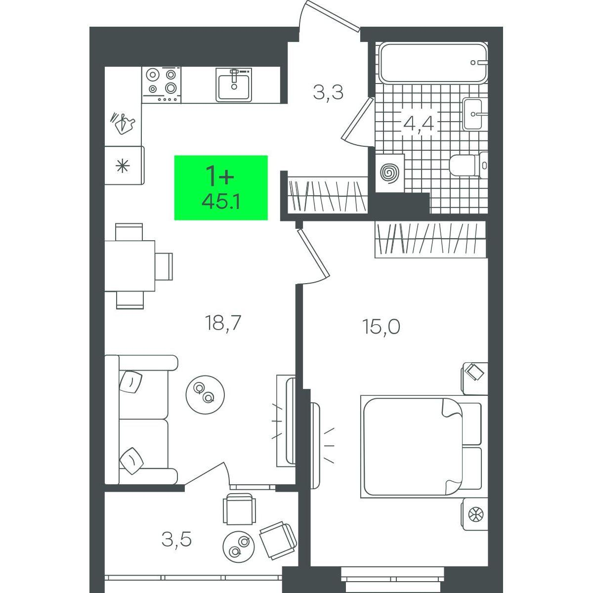 1-комнатная 45 м2 в ЖК Гранд Квартал корпус null этаж 18