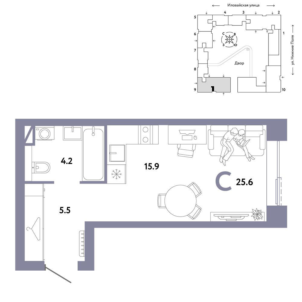 1-комнатная 25 м2 в ЖК Страна.Заречная корпус null этаж 13