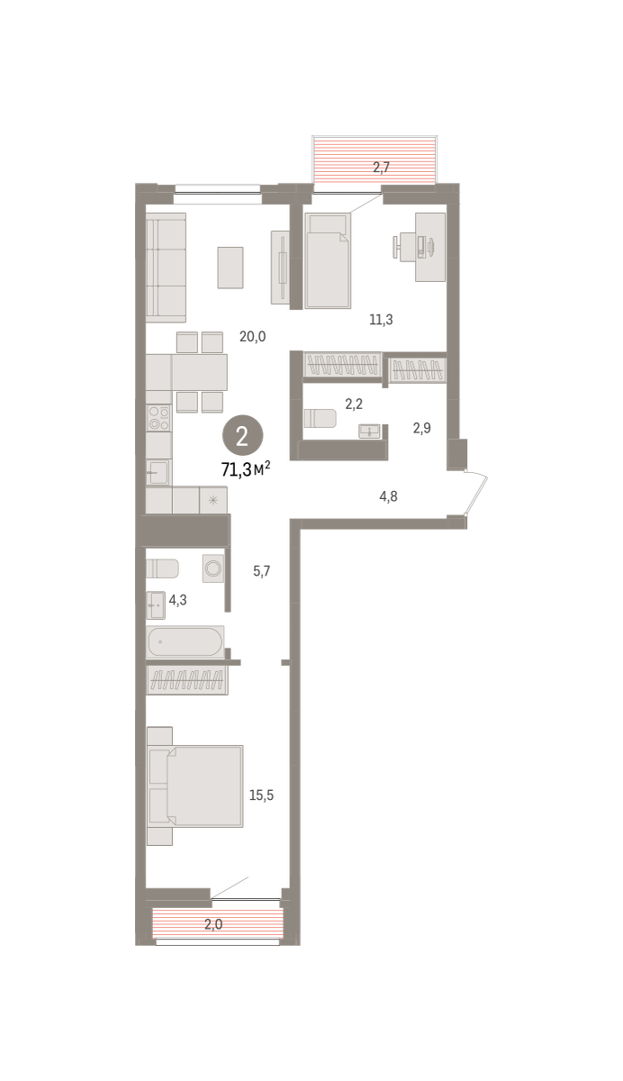 2-комнатная 71 м2 в ЖК Речной порт корпус null этаж 4