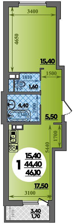 1-комнатная 46 м2 в ЖК Парк у дома корпус null этаж 12