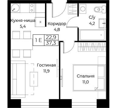 2-комнатная 37.3 м2 в ЖК undefined корпус null этаж 15