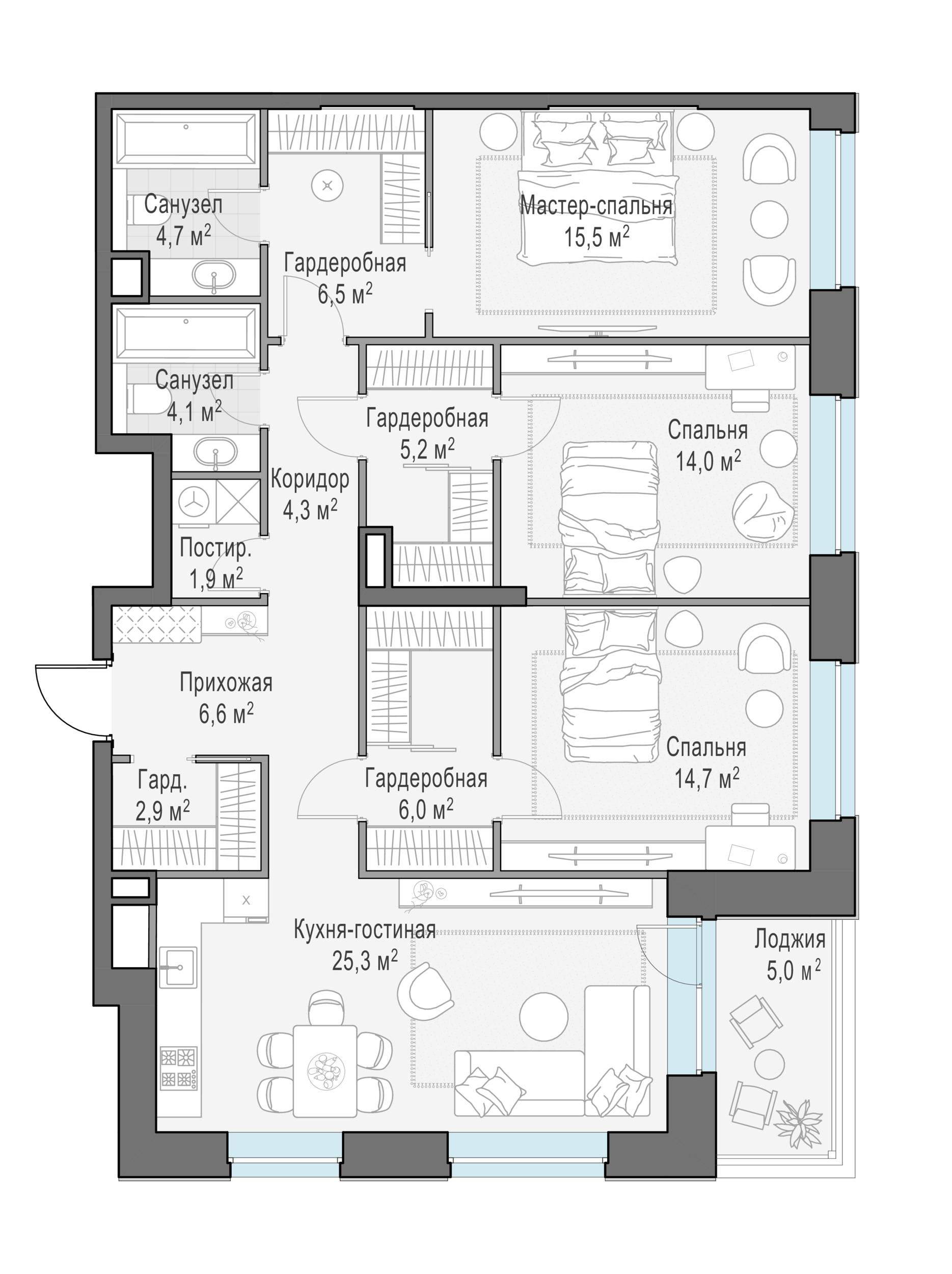 4-комнатная 114 м2 в ЖК Квартал Foriver корпус null этаж 19