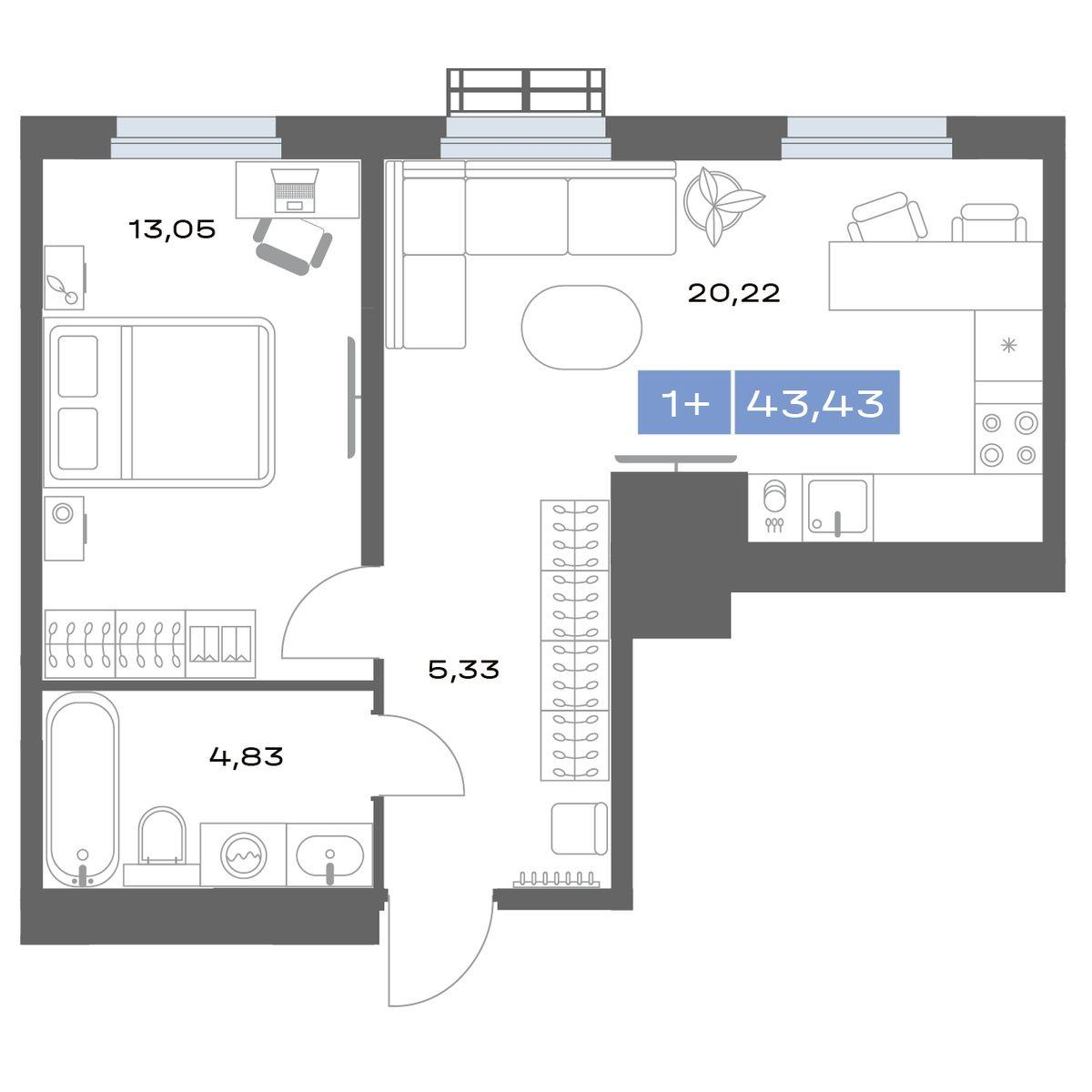 1-комнатная 43 м2 в ЖК Толк Медный корпус null этаж 2