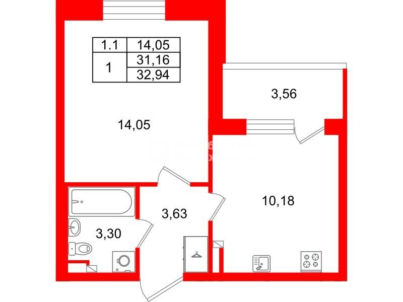 1-комнатная 31 м2 в ЖК Парадный ансамбль корпус null этаж 2