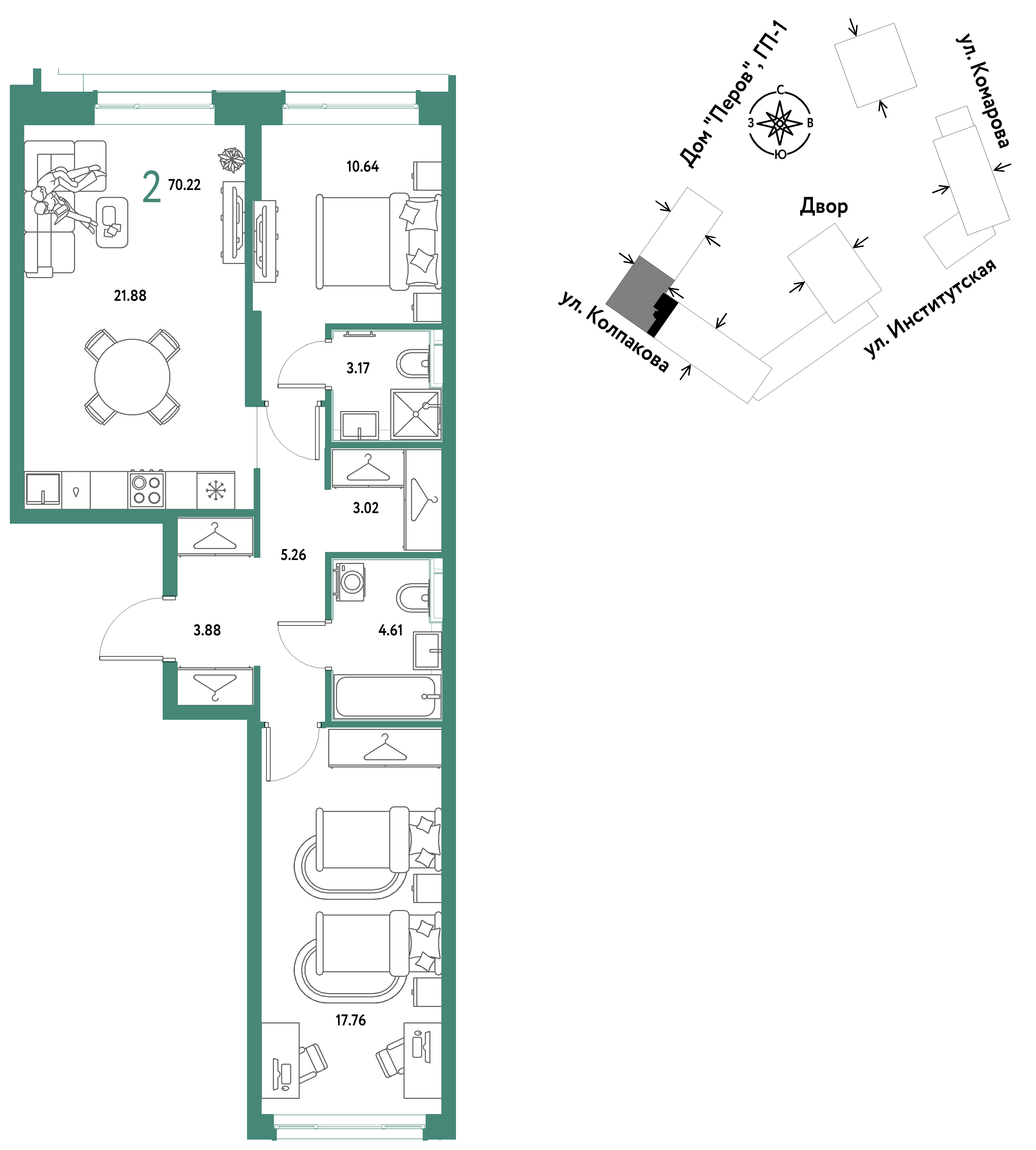2-комнатная 70 м2 в ЖК Страна.Парковая корпус null этаж 13