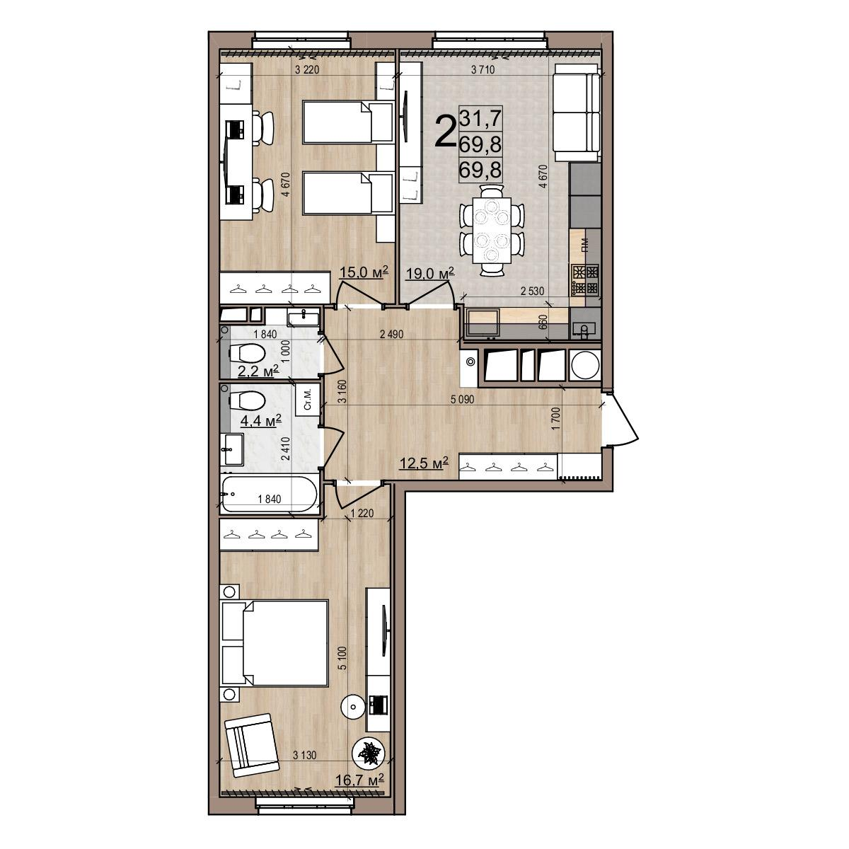 2-комнатная 69 м2 в ЖК Еврокласс-5 корпус null этаж 5
