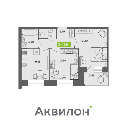 2-комнатная 45 м2 в ЖК Аквилон ROSA корпус null этаж 11