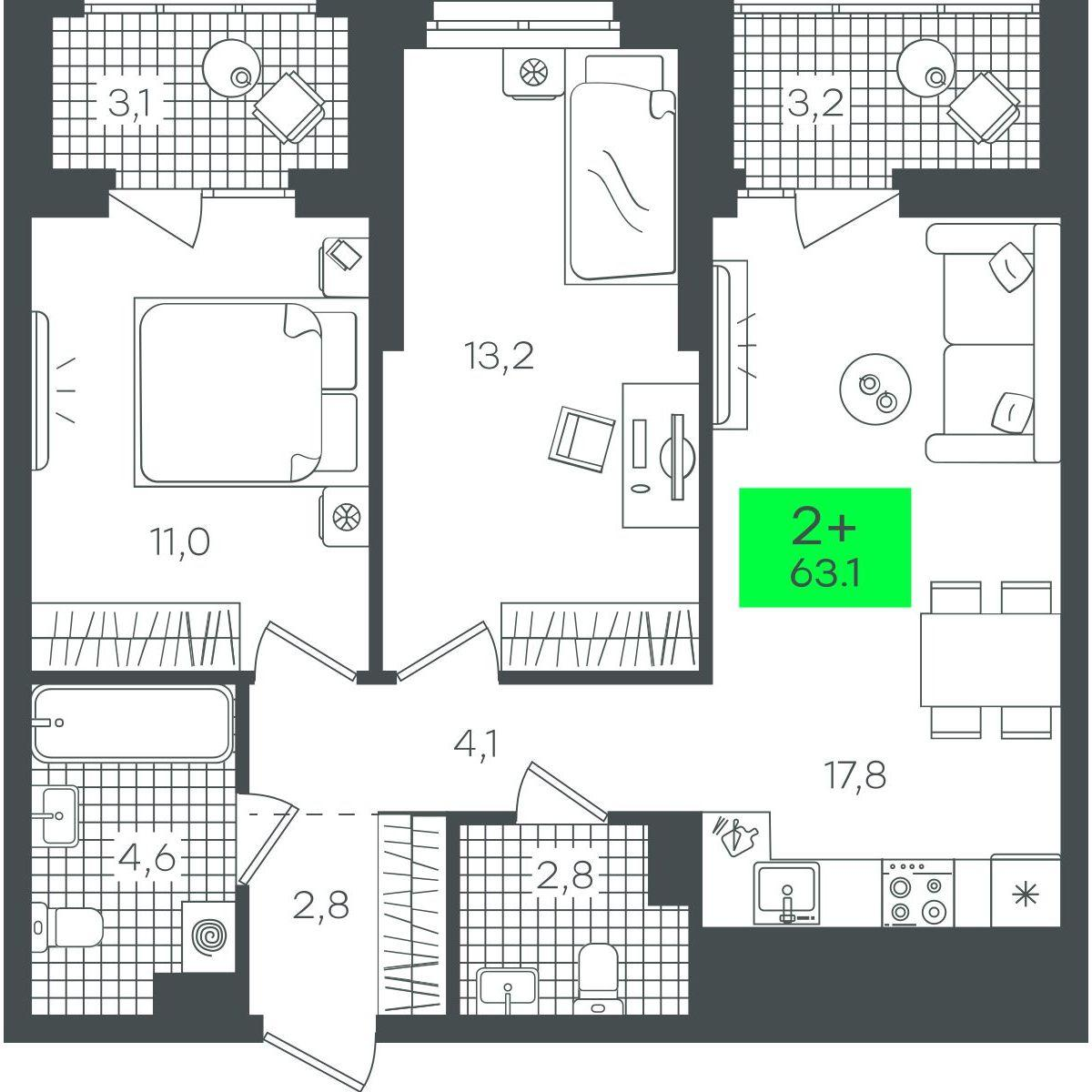 2-комнатная 63 м2 в ЖК Гранд Квартал корпус null этаж 14