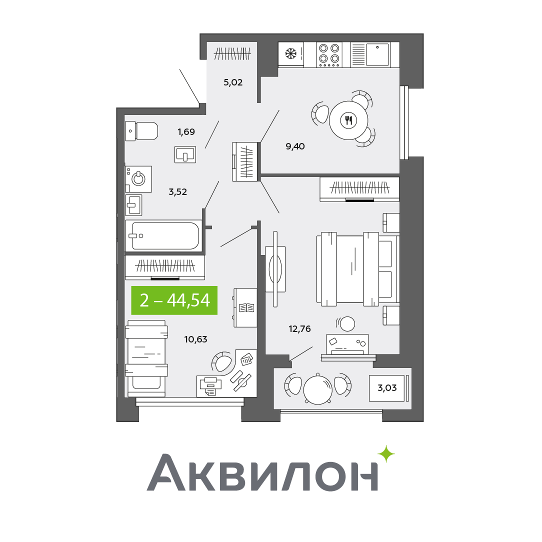 2-комнатная 44 м2 в ЖК Аквилон CITY Towers корпус null этаж 16