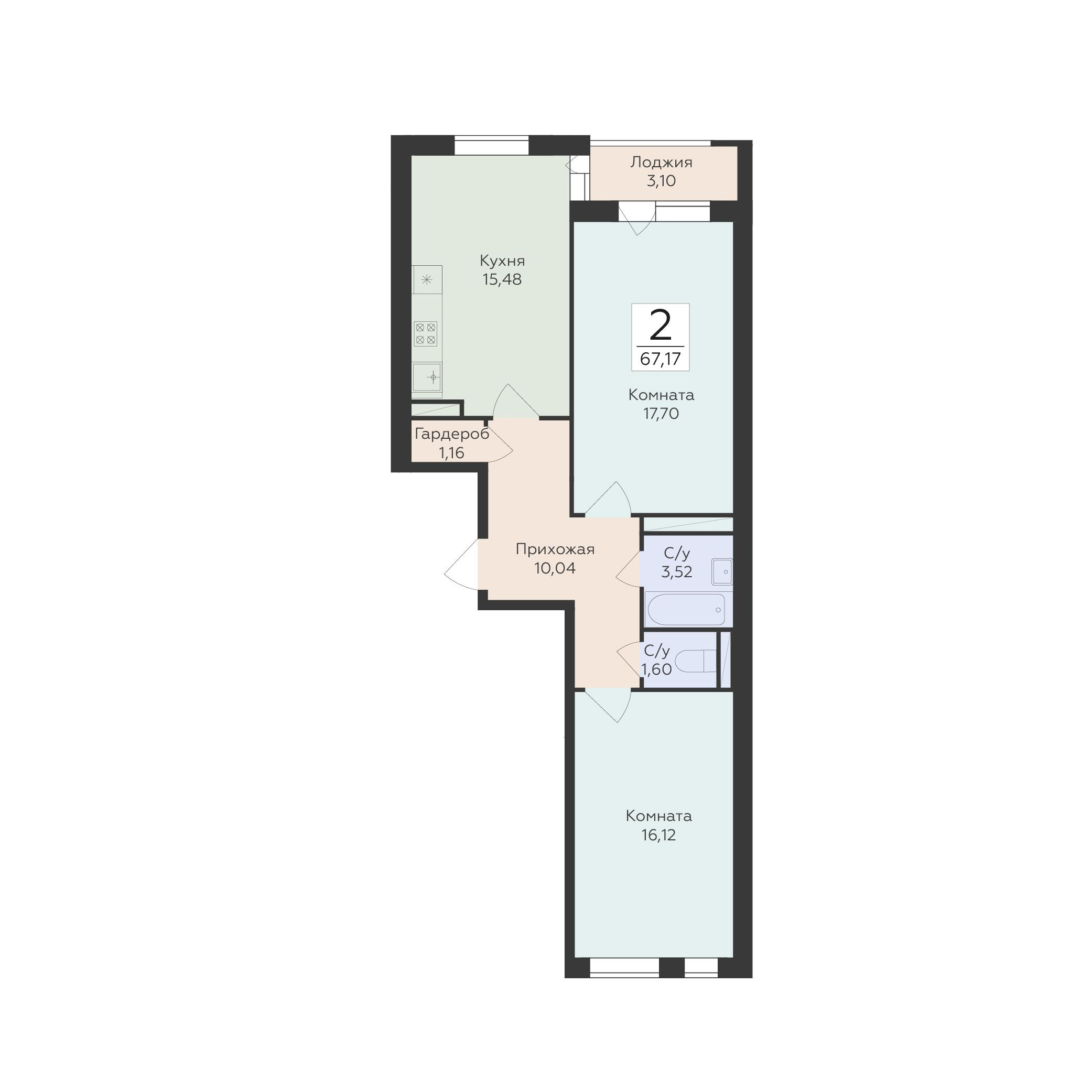 2-комнатная 67 м2 в ЖК Квартал 45 корпус null этаж 8