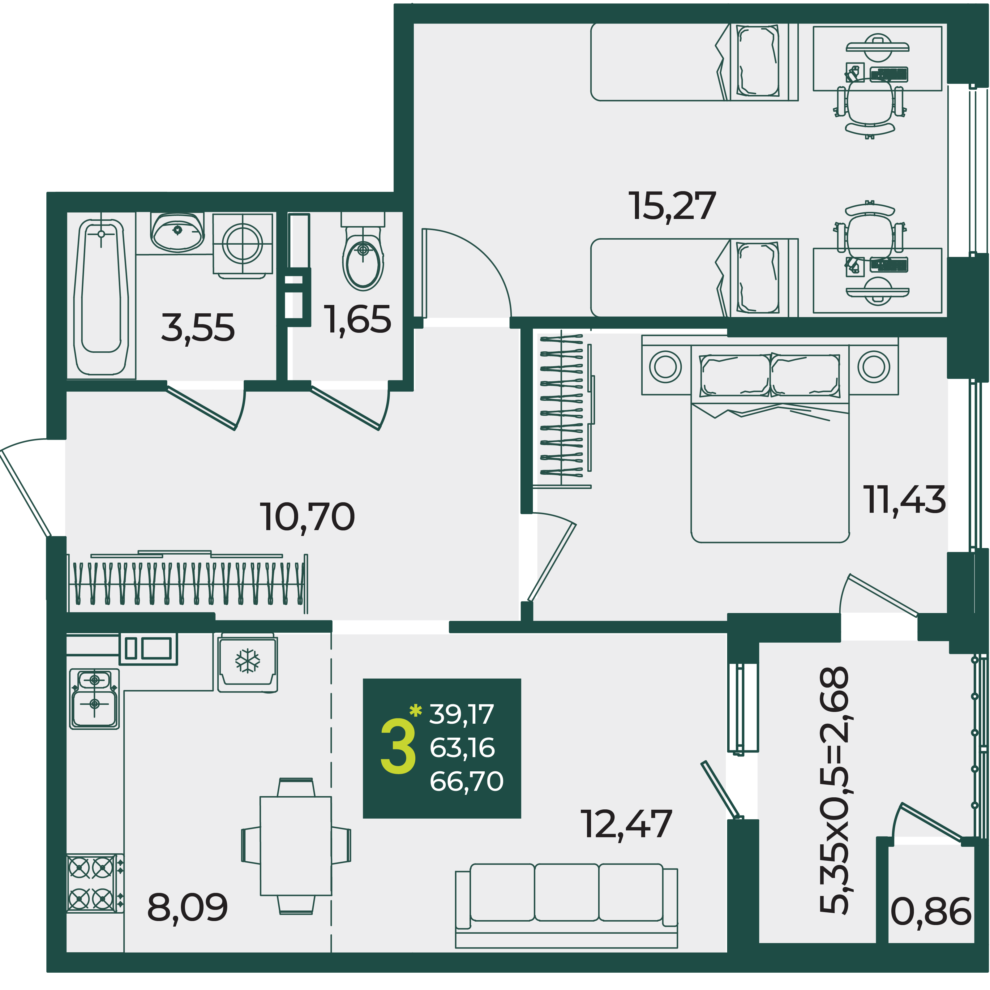 3-комнатная 66 м2 в ЖК Образцово корпус null этаж 5