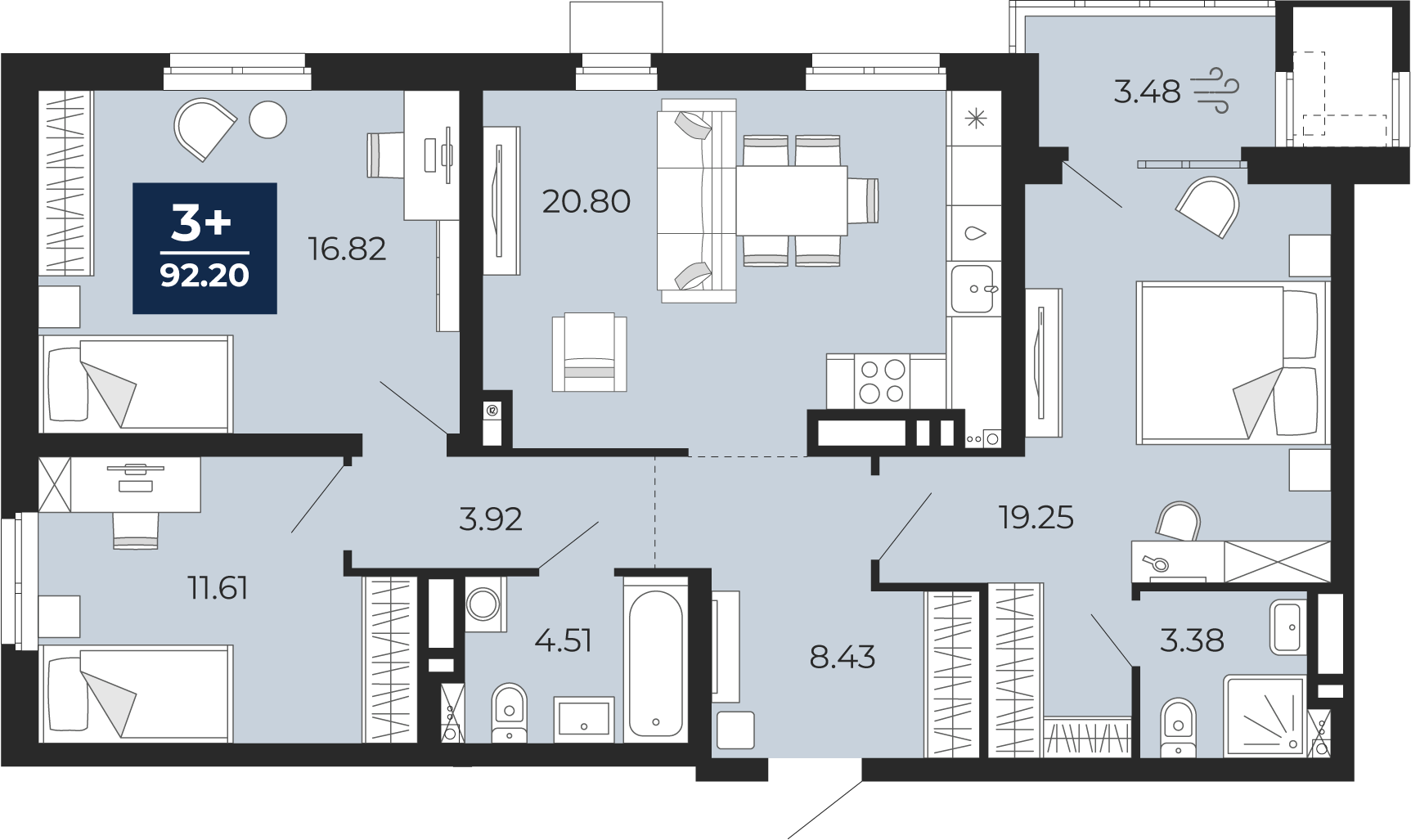 3-комнатная 88 м2 в ЖК Мириады корпус null этаж 10