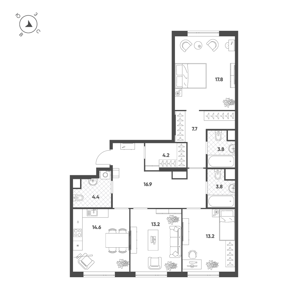 3-комнатная 99 м2 в ЖК Voxhall корпус null этаж 12