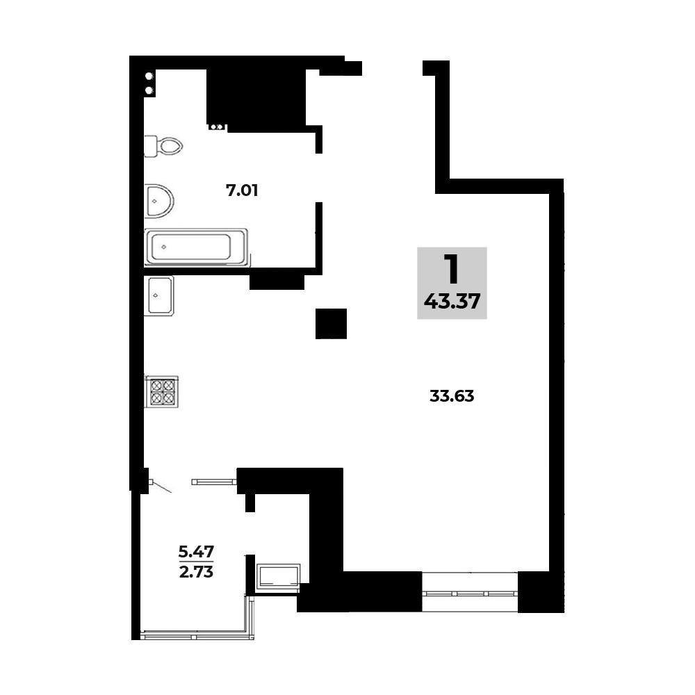 1-комнатная 43.4 м2 в ЖК undefined корпус null этаж 6