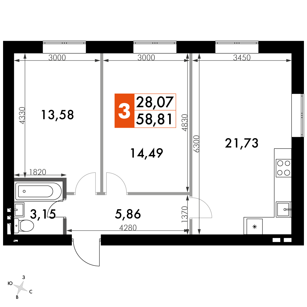 2-комнатная 58 м2 в ЖК Парк Апрель корпус null этаж 3