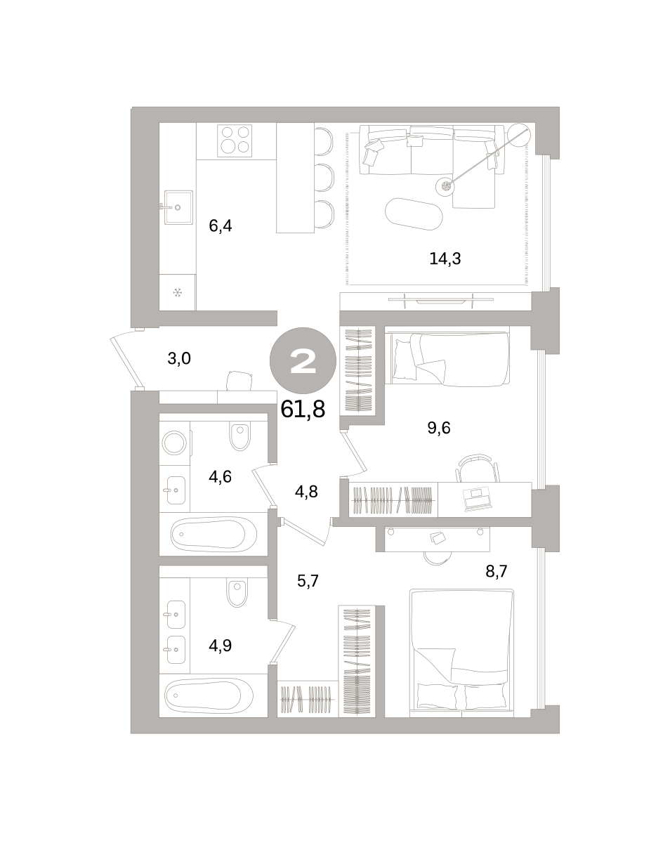 2-комнатная 61 м2 в ЖК Северный ветер корпус null этаж 9