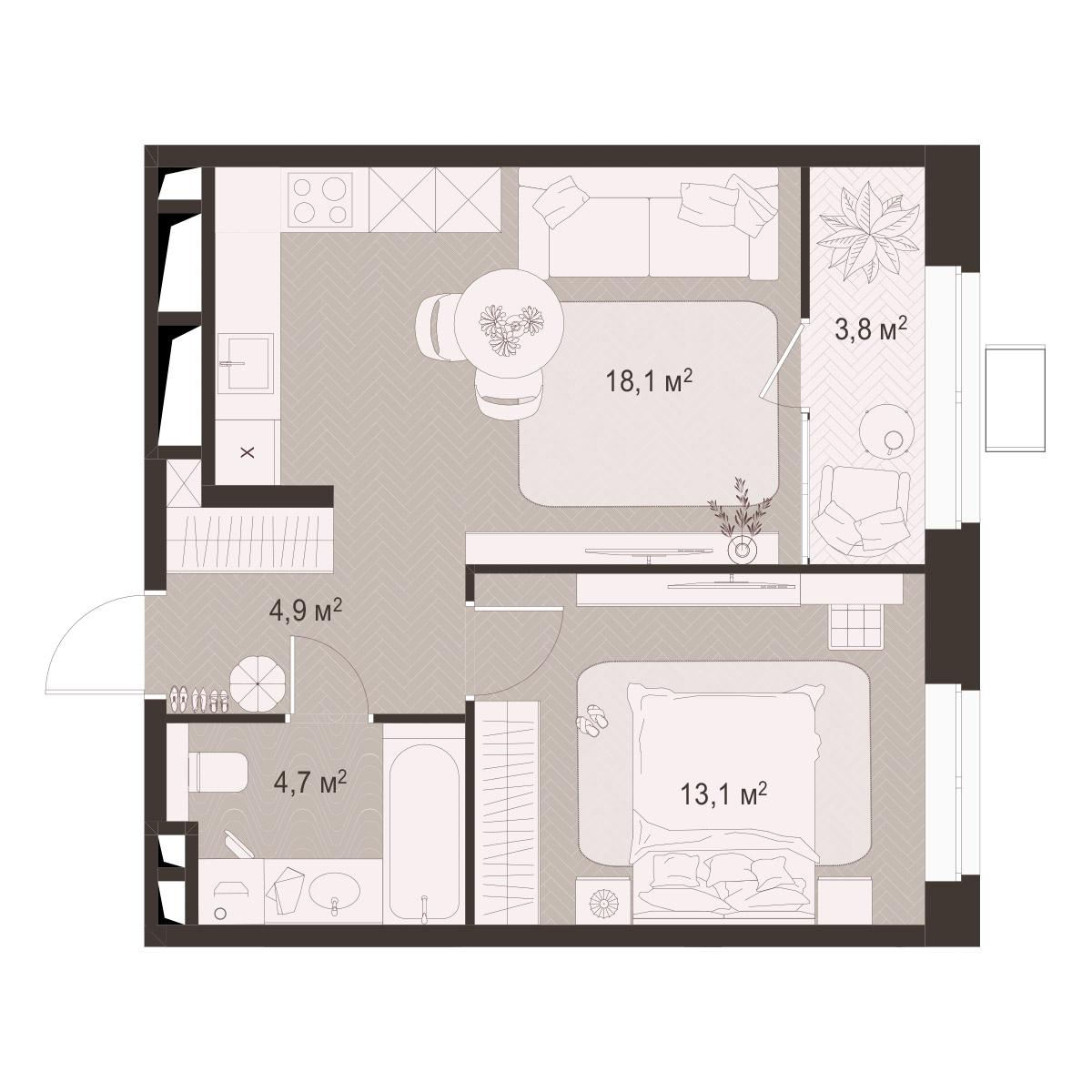 1-комнатная 44 м2 в ЖК Гранд Комфорт-3 корпус null этаж 15