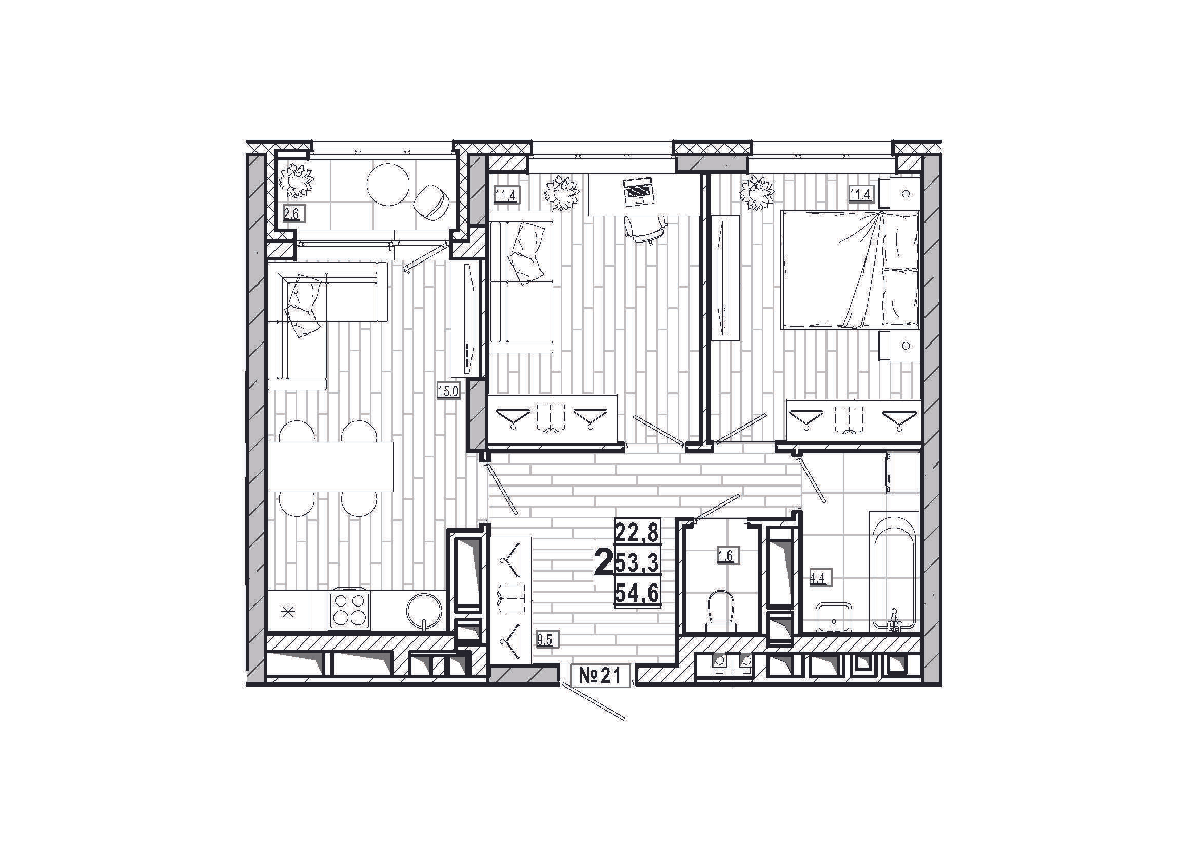 2-комнатная 54 м2 в ЖК Дом на Маяковского корпус null этаж 4