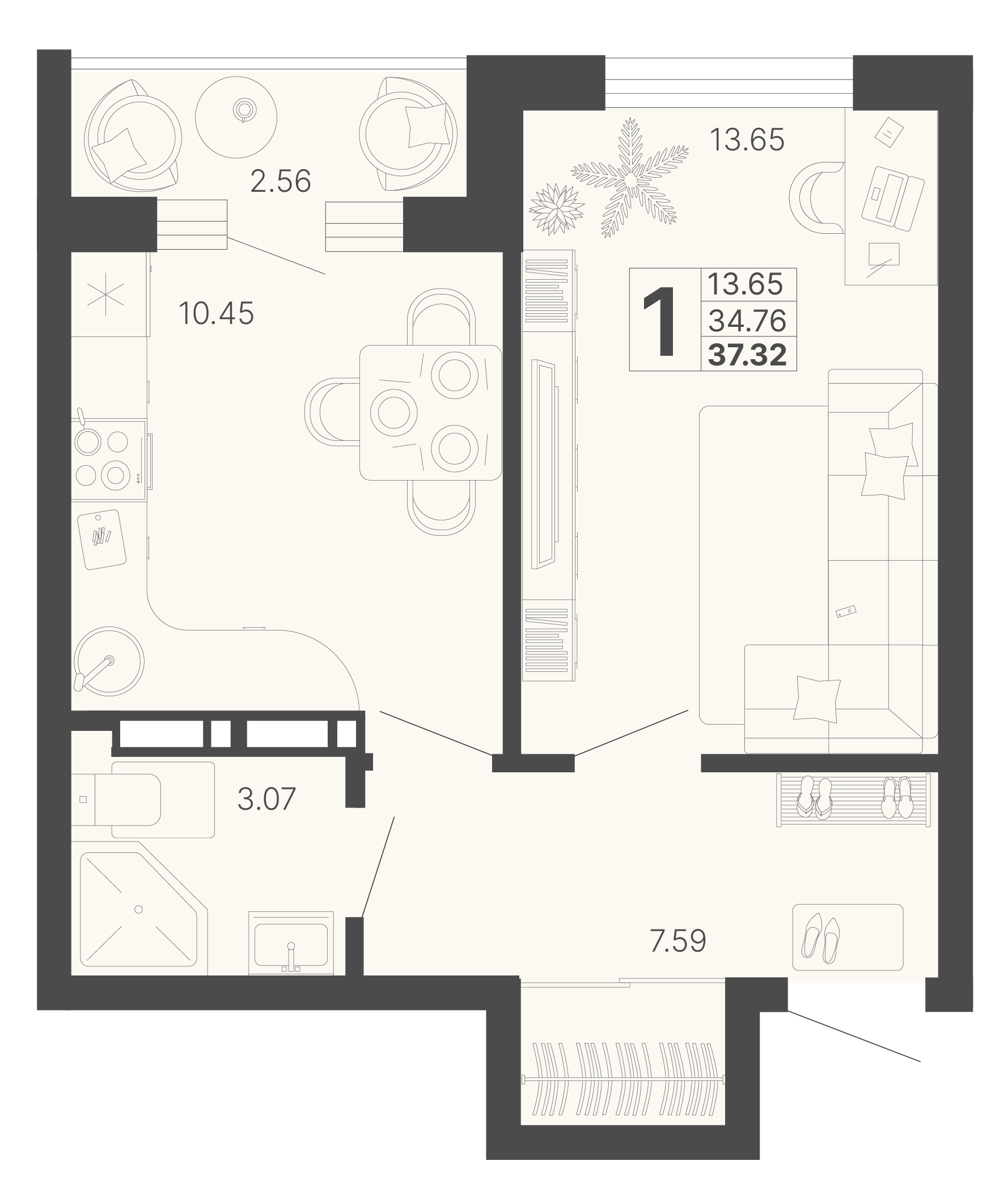 1-комнатная 37 м2 в ЖК Светский лес корпус null этаж 13