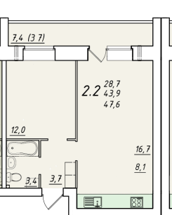 1-комнатная 47.5 м2 в ЖК undefined корпус null этаж 5