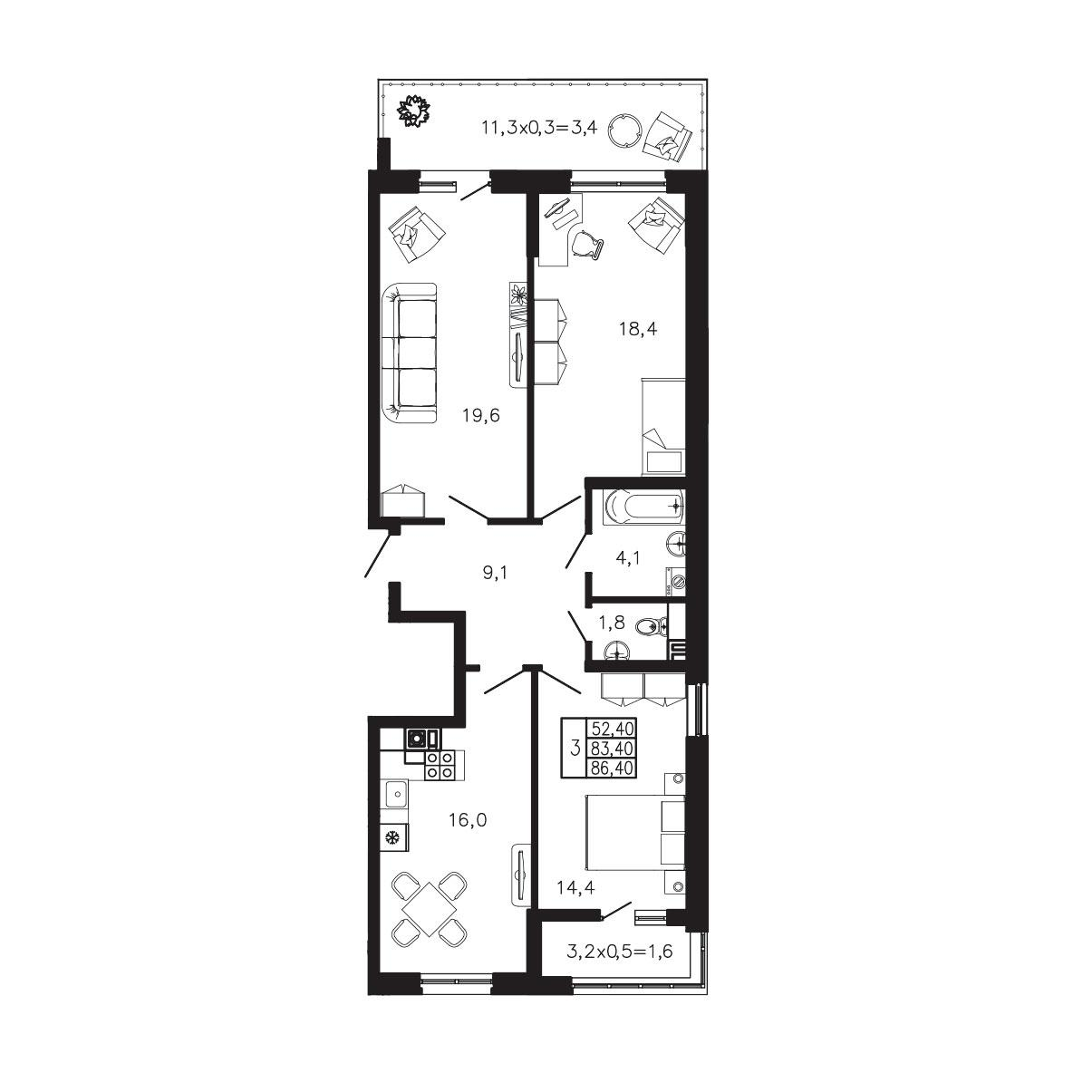 3-комнатная 86 м2 в ЖК Экосфера корпус null этаж 1