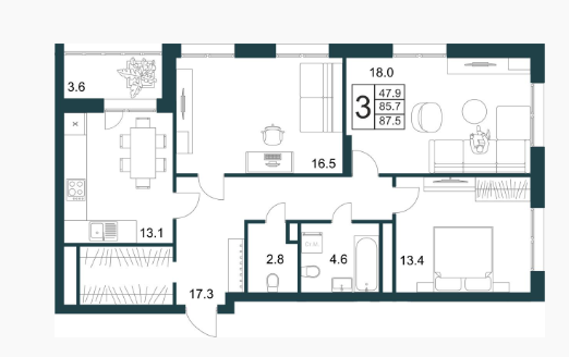 3-комнатная 87.5 м2 в ЖК undefined корпус null этаж 11
