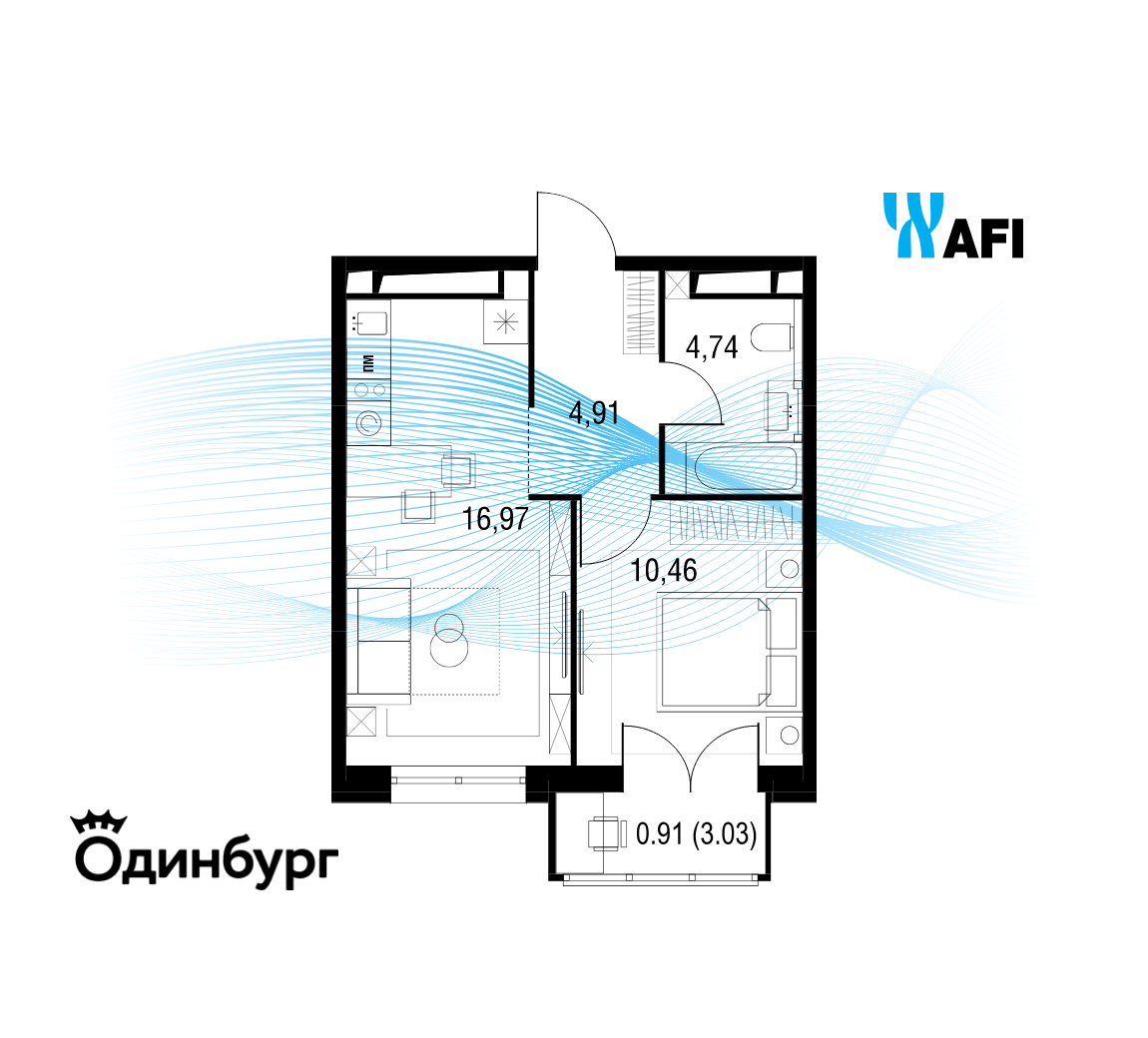 1-комнатная 37 м2 в ЖК Одинбург корпус null этаж 21