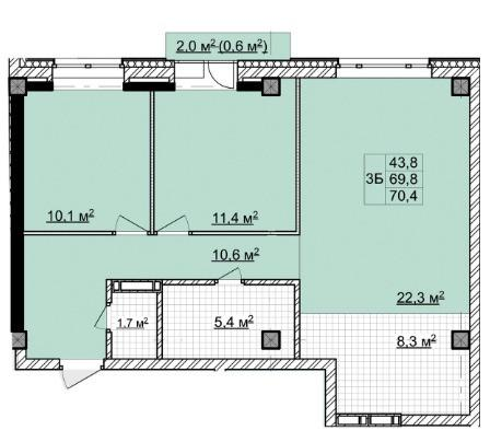 3-комнатная 70.4 м2 в ЖК undefined корпус null этаж 9