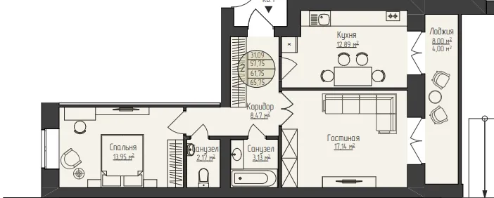 2-комнатная 65 м2 в ЖК Поз.2 ул. Кабанова корпус null этаж 6