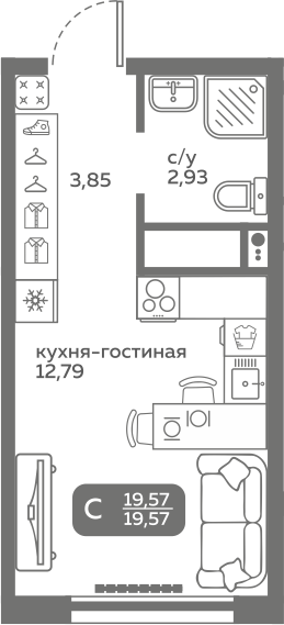 Студия 19 м2 в ЖК Меридиан Слобода корпус null этаж 16
