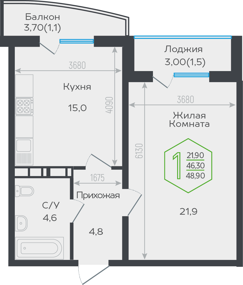 1-комнатная 47 м2 в ЖК Гарантия Прайм корпус null этаж 9