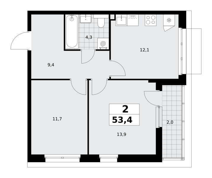 2-комнатная 53 м2 в ЖК Деснаречье корпус null этаж 3