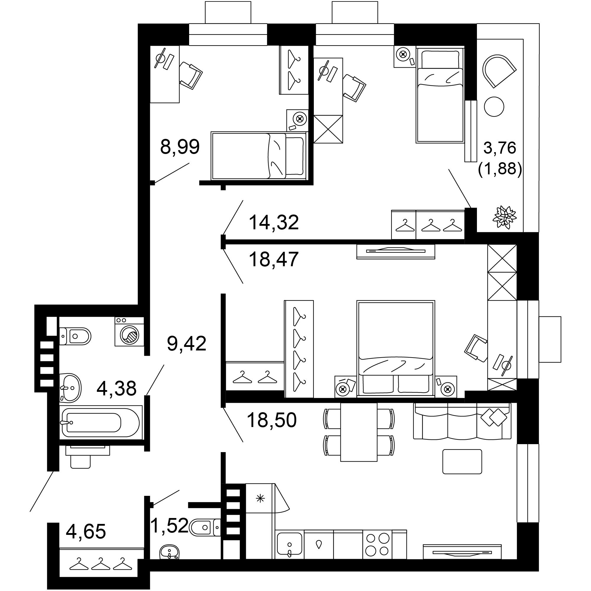 3-комнатная 82 м2 в ЖК 1799 корпус null этаж 2