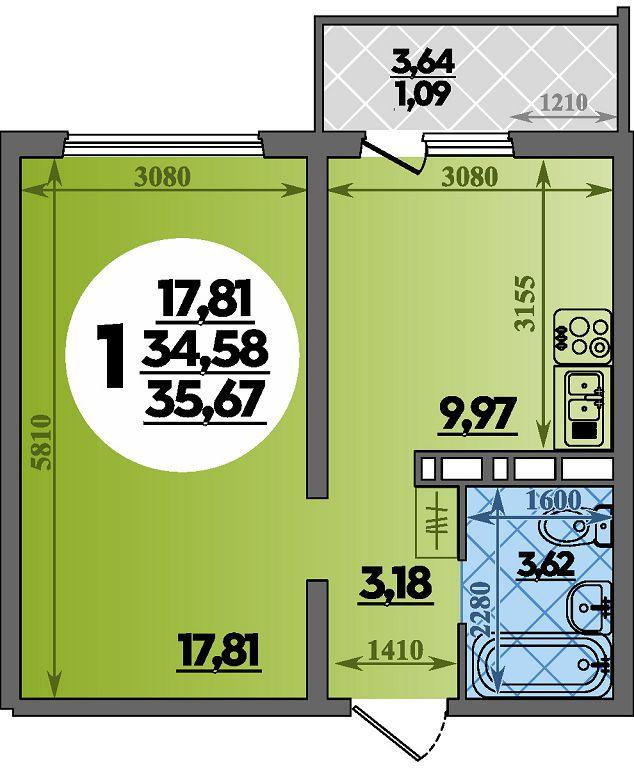 1-комнатная 35 м2 в ЖК Платовский корпус null этаж 15