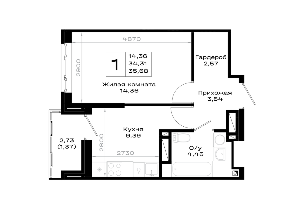 1-комнатная 35 м2 в ЖК Октябрь парк корпус null этаж 10