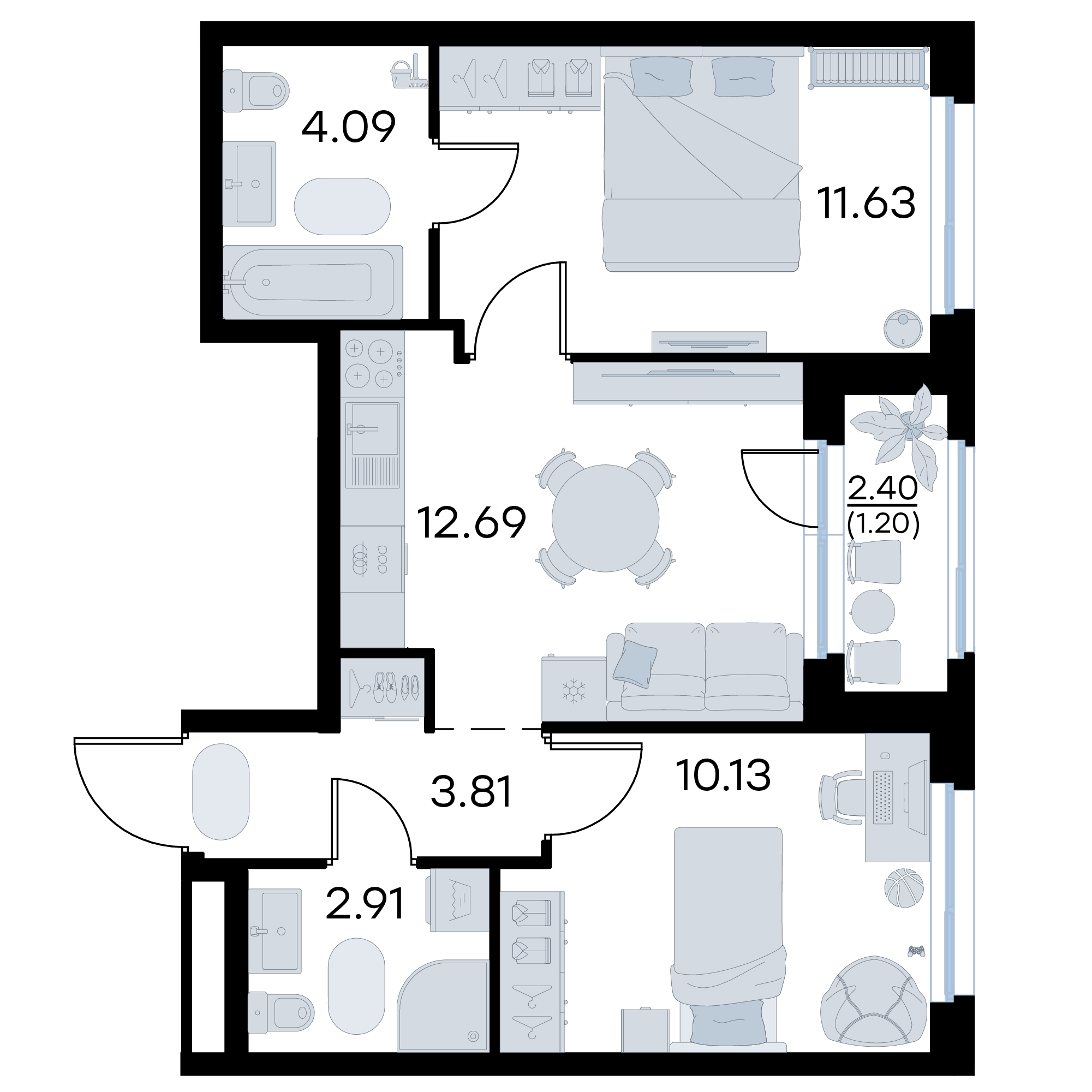 2-комнатная 46 м2 в ЖК GloraX Октябрьский корпус null этаж 16
