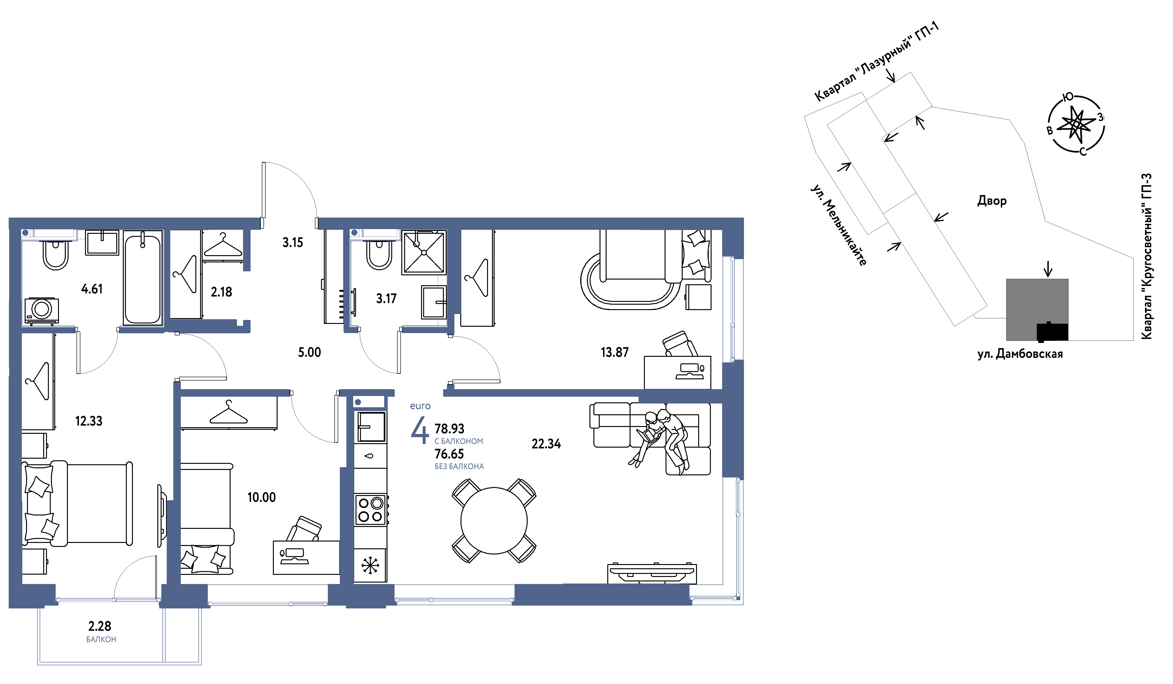 4-комнатная 78 м2 в ЖК Страна.Прибрежная корпус null этаж 4