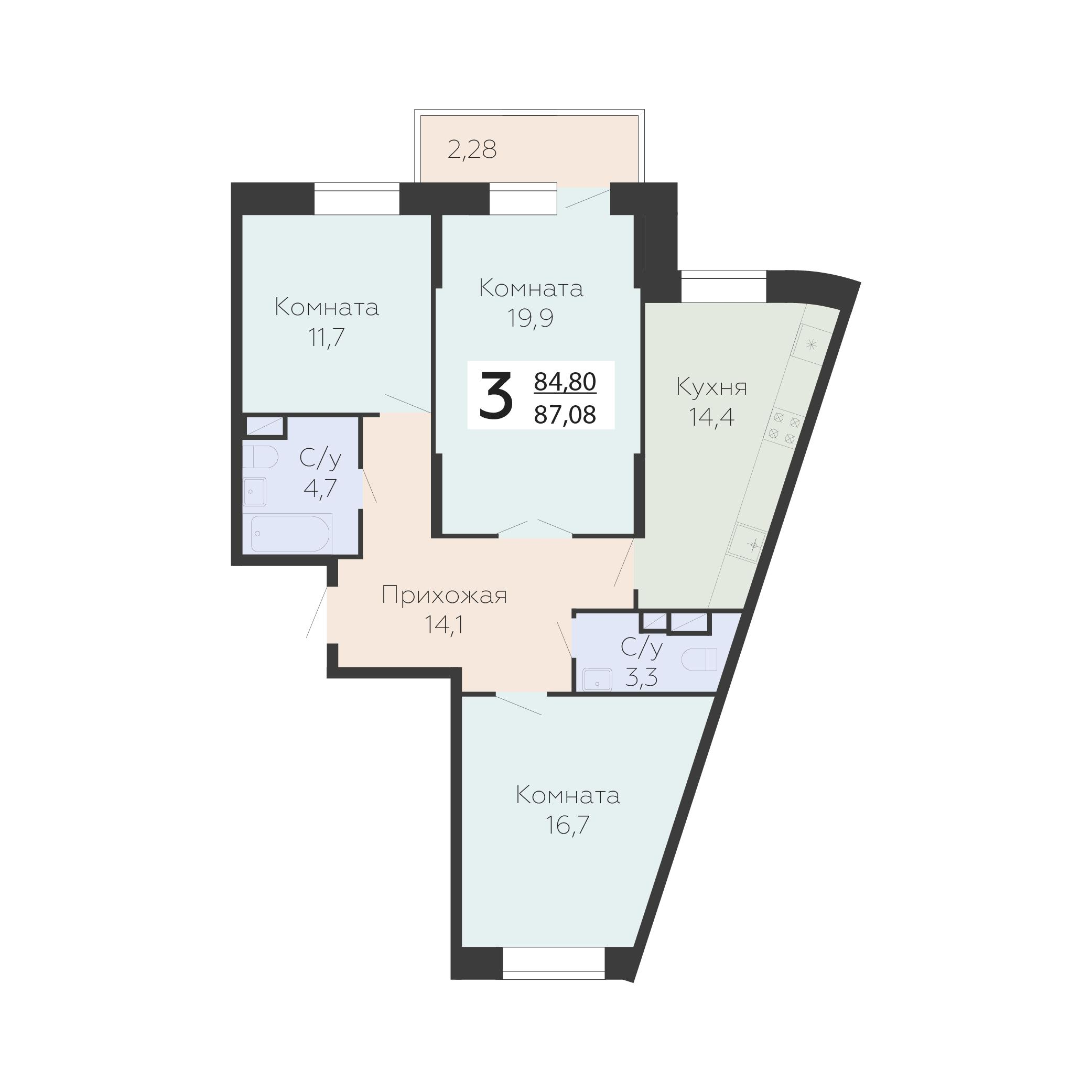 3-комнатная 87 м2 в ЖК Онегин корпус null этаж 12