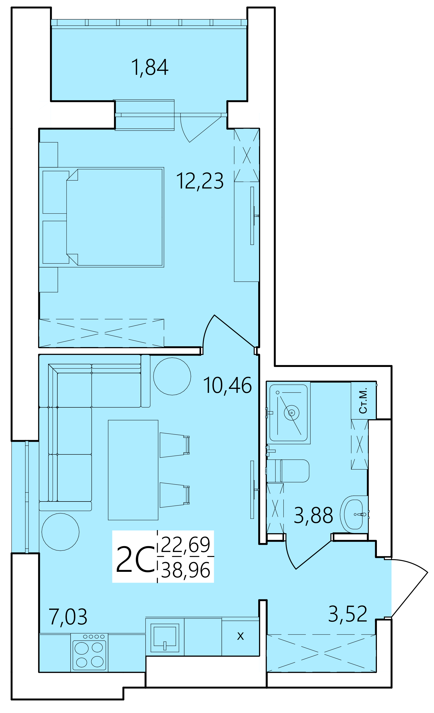 2-комнатная 38 м2 в ЖК Волна корпус null этаж 25