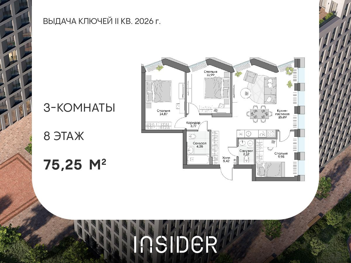 3-комнатная 75 м2 в ЖК Insider корпус null этаж 8