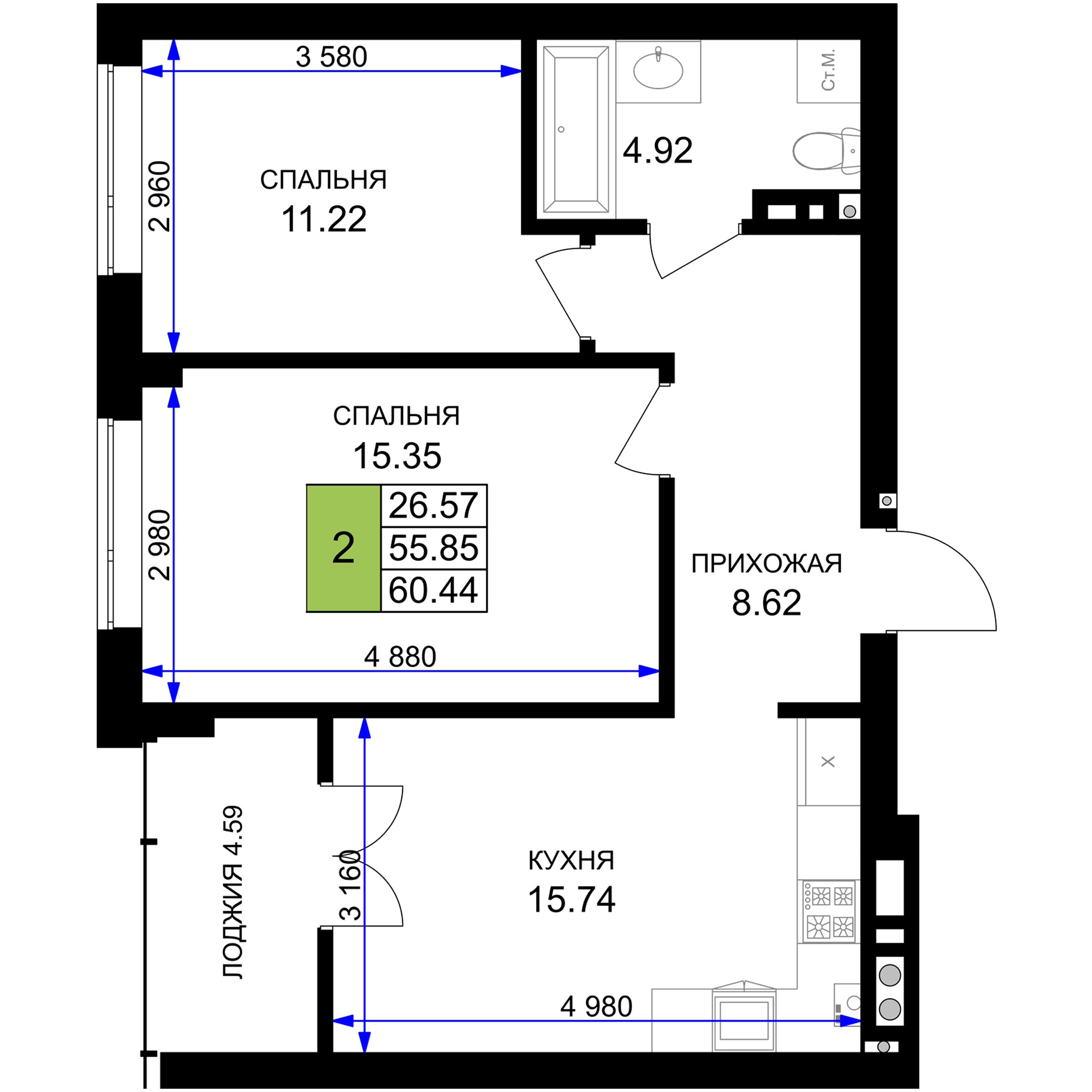 2-комнатная 58 м2 в ЖК Включи корпус null этаж 2