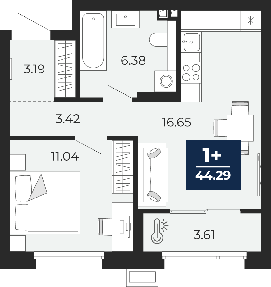 1-комнатная 44 м2 в ЖК Беринг корпус null этаж 1