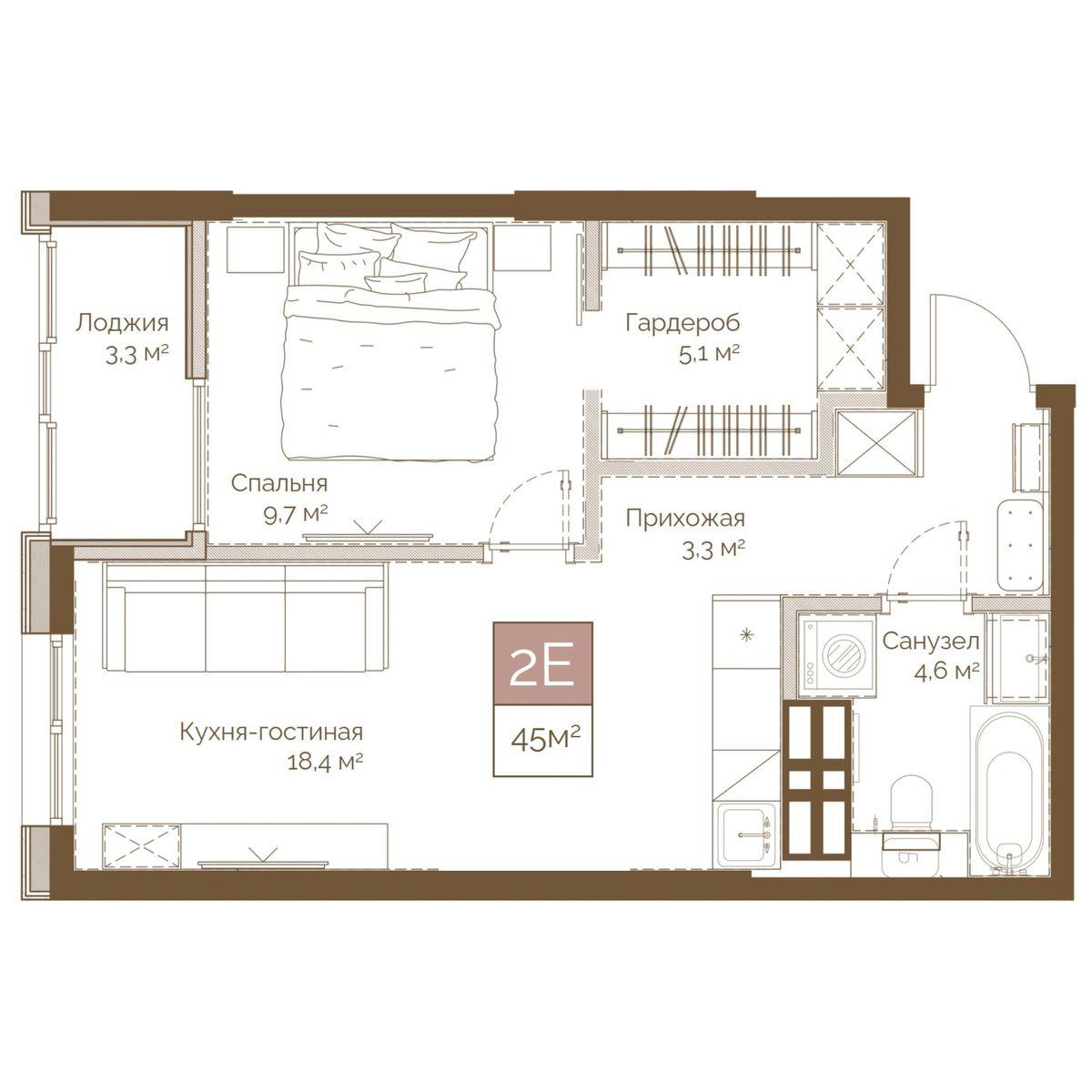 2-комнатная 45 м2 в ЖК Днепровский корпус null этаж 7